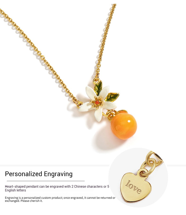 Customized Orange Enamel 4th Fruit & Flower Wedding Necklace - 18K Gold-Plated Engraved