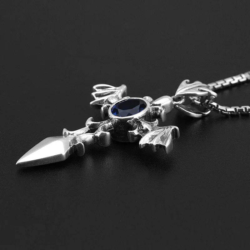 Silver Vintage Distressed Sapphire Men's Cross Necklace - OOAKB