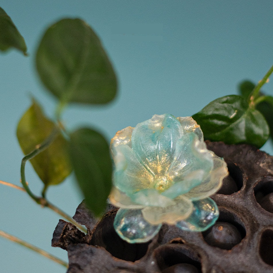 Handcrafted Leather Sculpture Flower Earrings — Translucent Blue-Green Petals | Wearable Art | 3rd Leather Anniversary Gift for Her