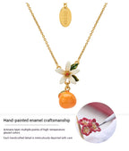 Customized Orange Enamel 4th Fruit & Flower Wedding Necklace - 18K Gold-Plated Engraved