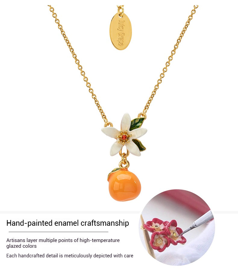 Customized Orange Enamel 4th Fruit & Flower Wedding Necklace - 18K Gold-Plated Engraved