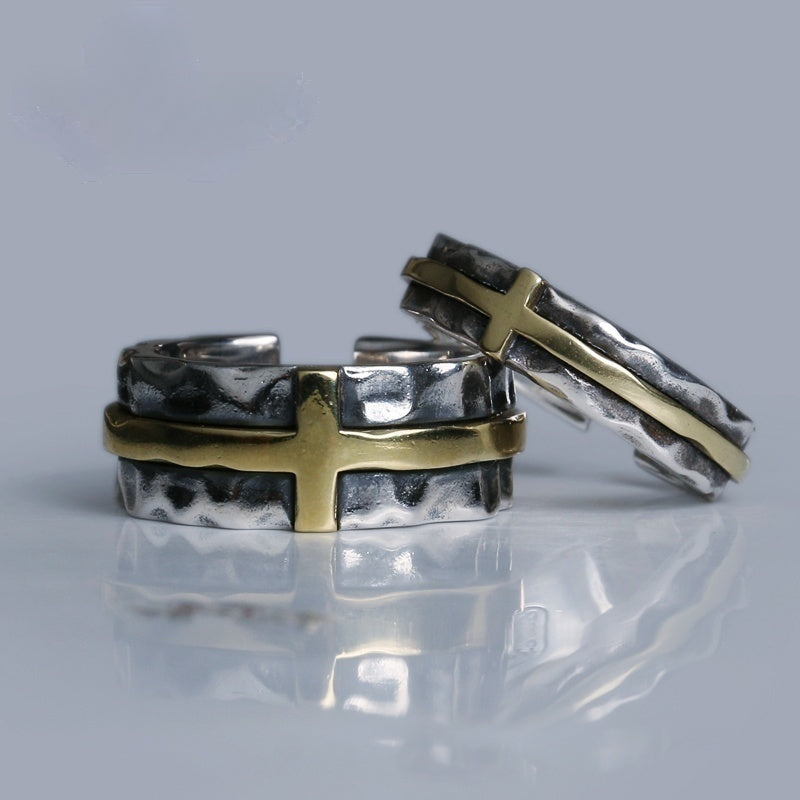 Customized S925 Silver-Copper Cross Couple Rings - 7th Anniversary Engraved Adjustable