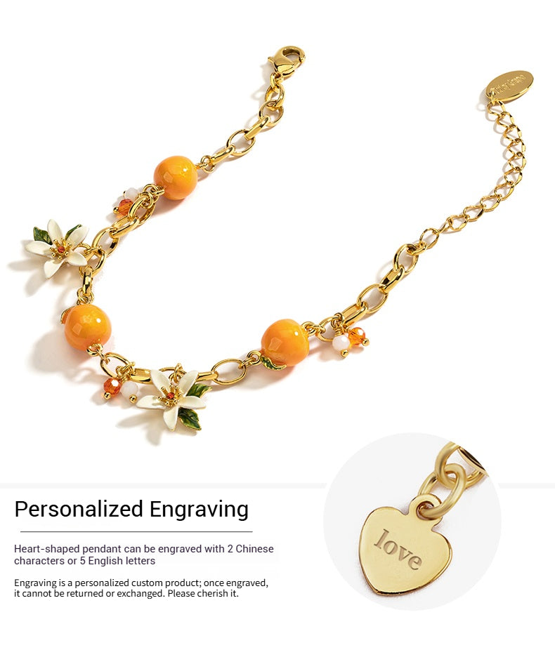 Customized Citrus Enamel 4th Fruit & Flower Wedding Bracelet - Engraved Heart Pendant