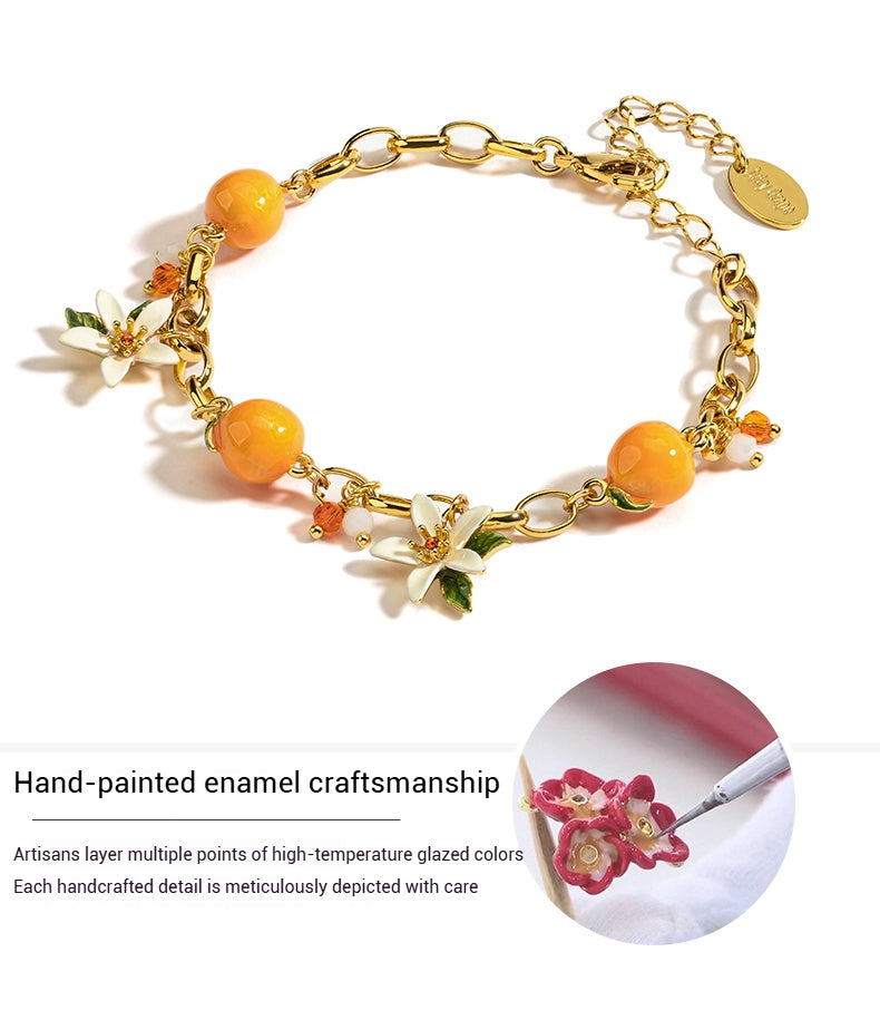 Customized Citrus Enamel 4th Fruit & Flower Wedding Bracelet - Engraved Heart Pendant