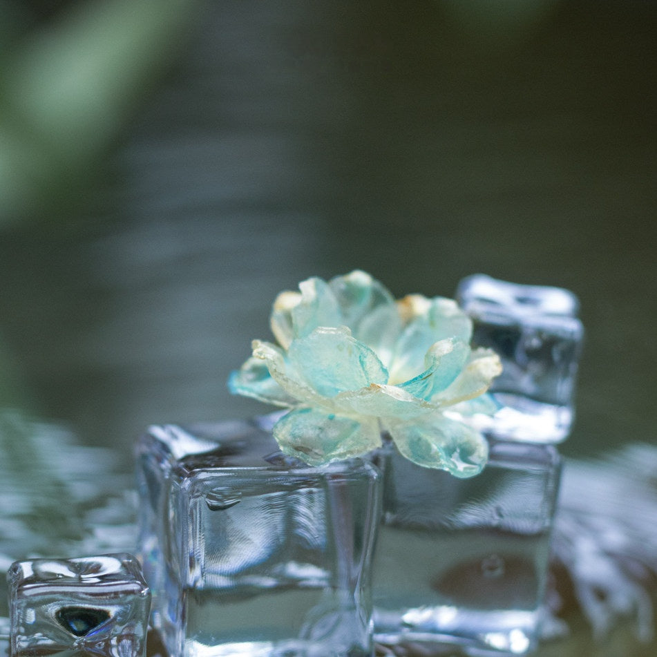 Handcrafted Leather Sculpture Flower Earrings — Translucent Blue-Green Petals | Wearable Art | 3rd Leather Anniversary Gift for Her