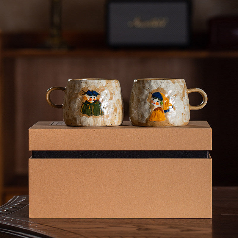 Personalized Hand-Painted Porcelain Couple Mug Set with Saucers – Custom Initials & Date | 2nd & 9th Anniversary Gift