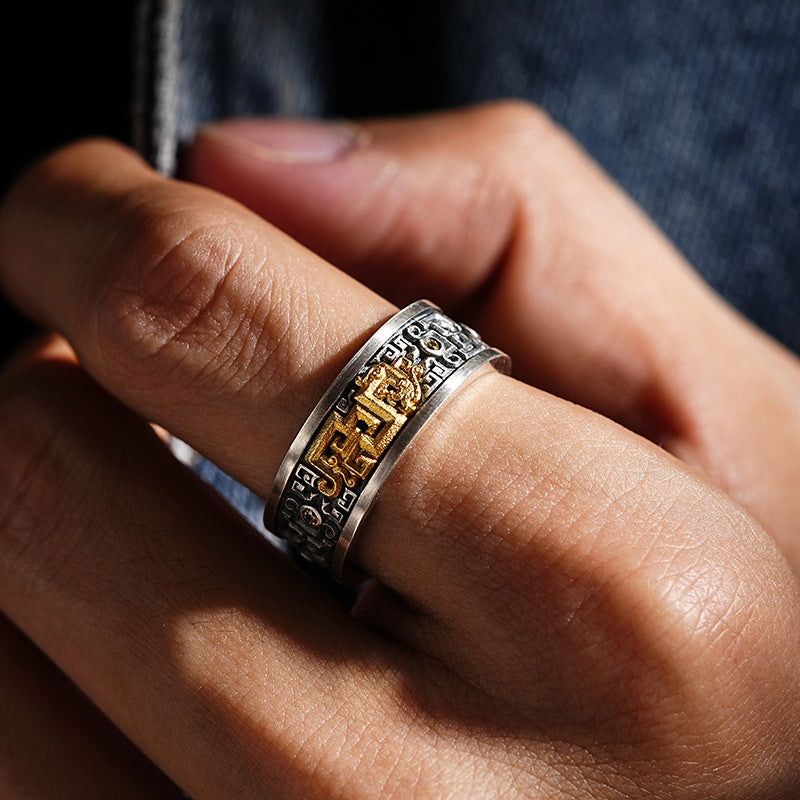 Customized Vintage Bronze-Inlaid Silver Loong Ring - 8th Anniversary Engraved