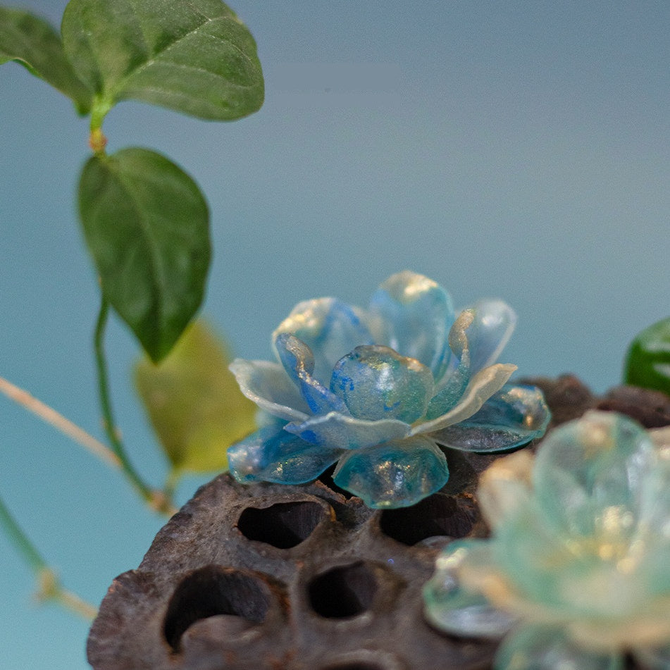 Handcrafted Leather Sculpture Flower Earrings — Translucent Blue-Green Petals | Wearable Art | 3rd Leather Anniversary Gift for Her