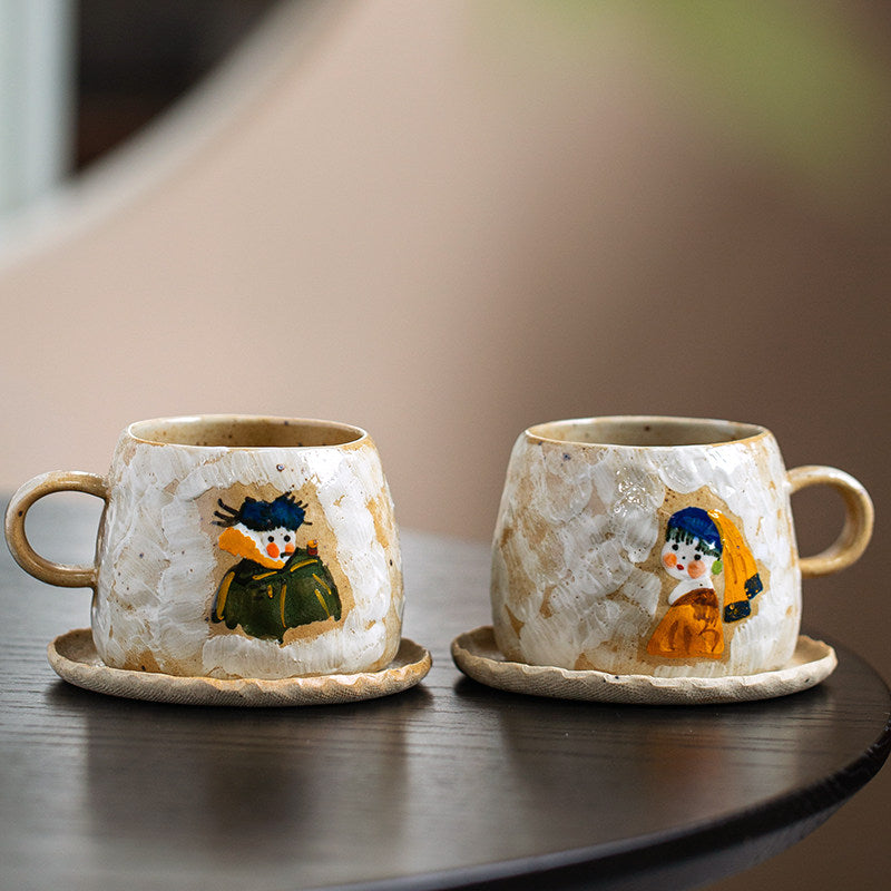Personalized Hand-Painted Porcelain Couple Mug Set with Saucers – Custom Initials & Date | 2nd & 9th Anniversary Gift