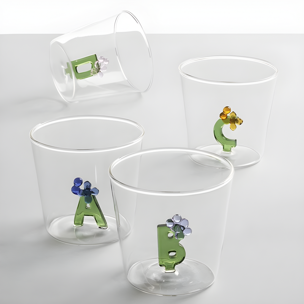 Personalized Initial Glass Couple Set – Handcrafted Flower Letter Inside | Custom Anniversary Gift (Set of 2)