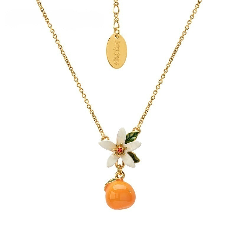 Customized Orange Enamel 4th Fruit & Flower Wedding Necklace - 18K Gold-Plated Engraved
