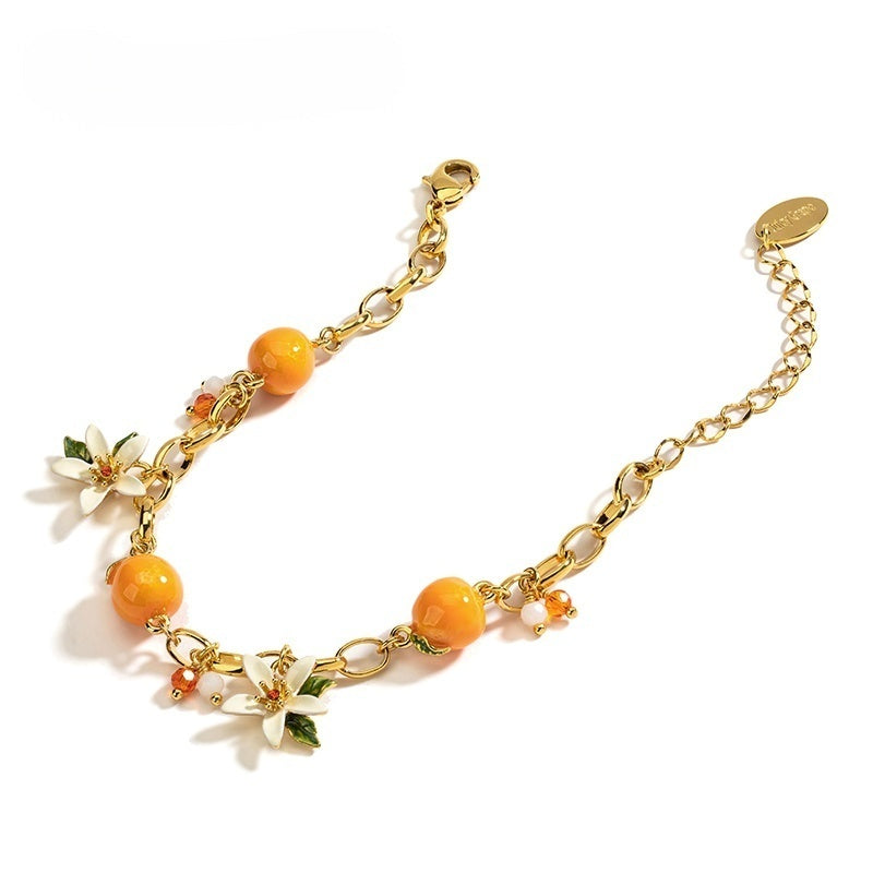 Customized Citrus Enamel 4th Fruit & Flower Wedding Bracelet - Engraved Heart Pendant