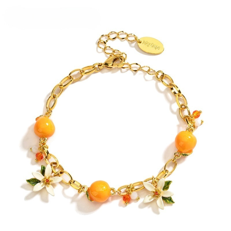 Customized Citrus Enamel 4th Fruit & Flower Wedding Bracelet - Engraved Heart Pendant