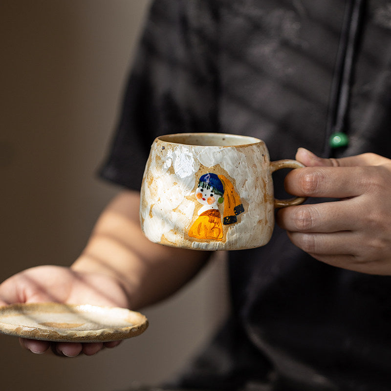 Personalized Hand-Painted Porcelain Couple Mug Set with Saucers – Custom Initials & Date | 2nd & 9th Anniversary Gift
