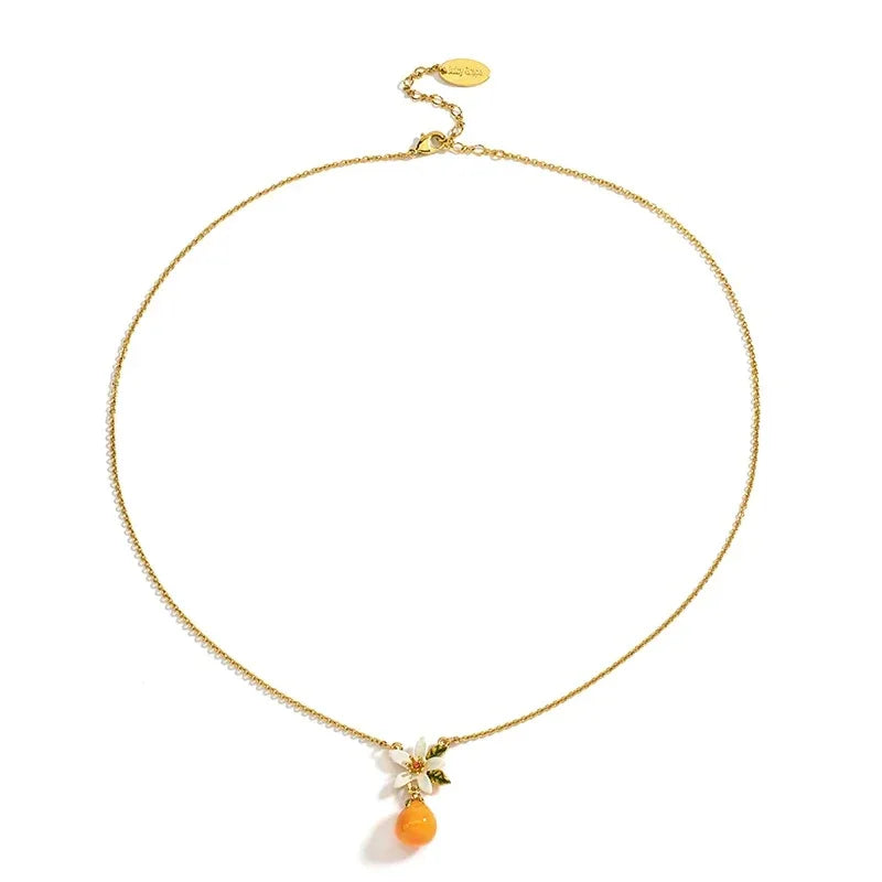 Orange Enamel Necklace - 18K Gold-Plated Engraved - OOAKB