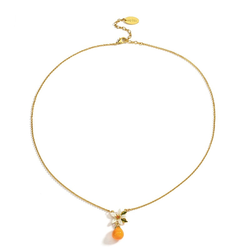 Customized Orange Enamel 4th Fruit & Flower Wedding Necklace - 18K Gold-Plated Engraved
