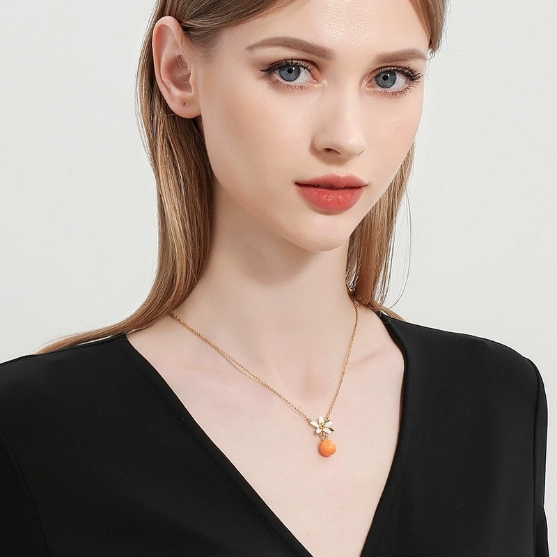 Customized Orange Enamel 4th Fruit & Flower Wedding Necklace - 18K Gold-Plated Engraved