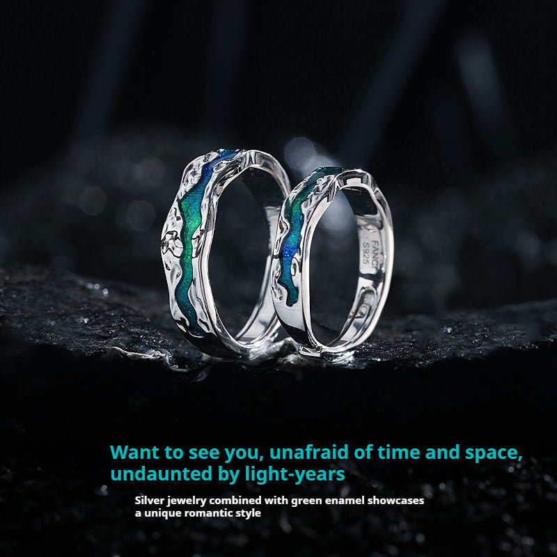 Customized Tin Foil Texture 925 Silver Couple Rings - 10th Anniversary Space Enamel