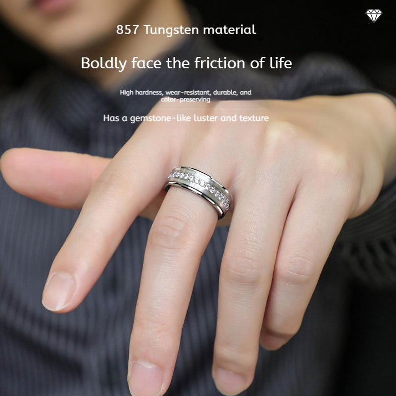 Customized 857 Tungsten Spinner Ring - 6th Iron Anniversary Zircon Engraved