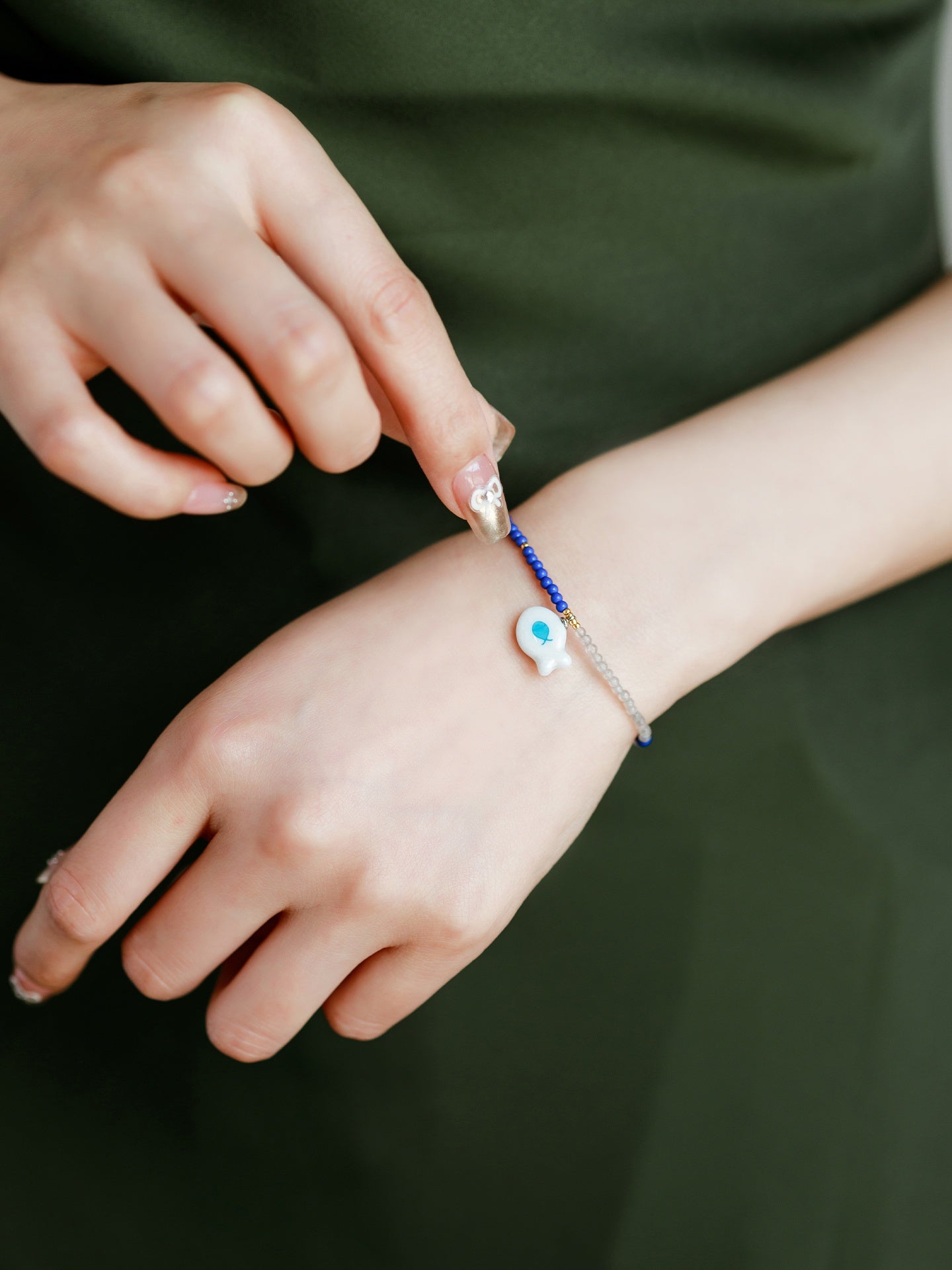 Customized Artisanal Ceramic Fish Joy Bracelet - 9th Anniversary Blue Chalcedony