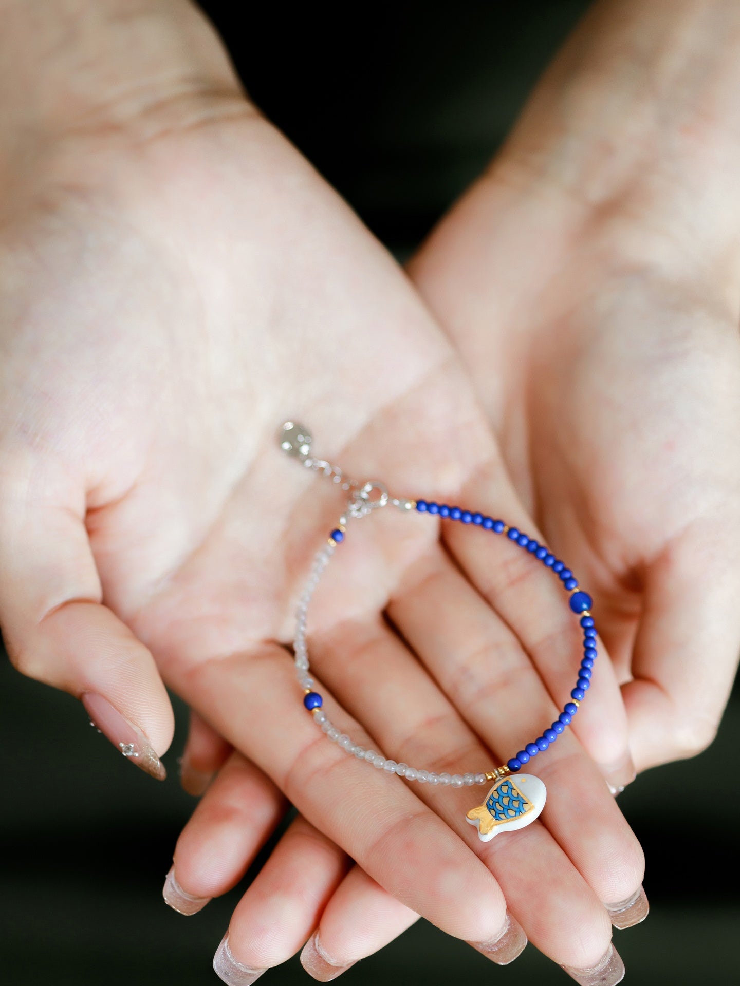 Customized Artisanal Ceramic Fish Joy Bracelet - 9th Anniversary Blue Chalcedony