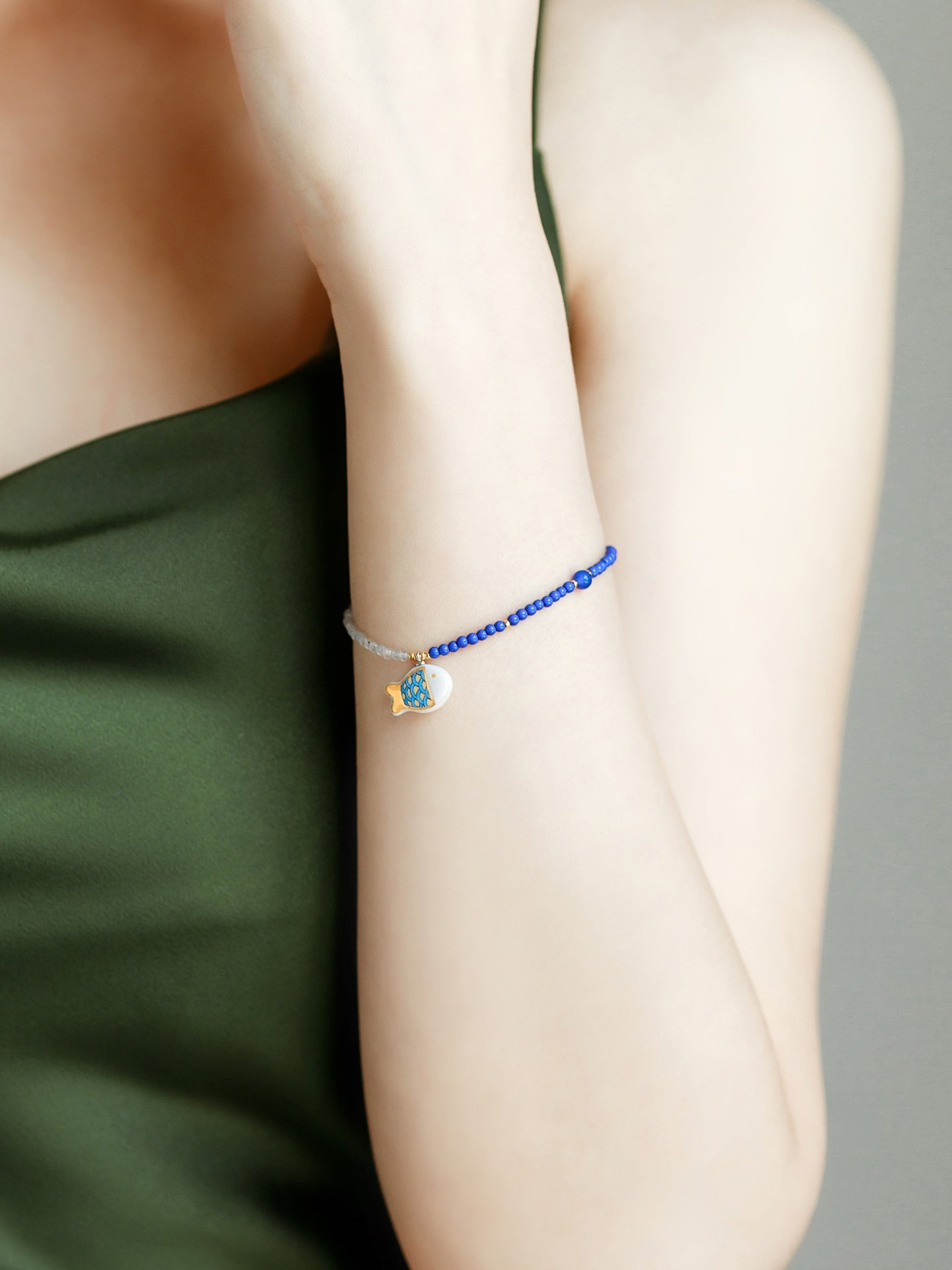 Customized Artisanal Ceramic Fish Joy Bracelet - 9th Anniversary Blue Chalcedony