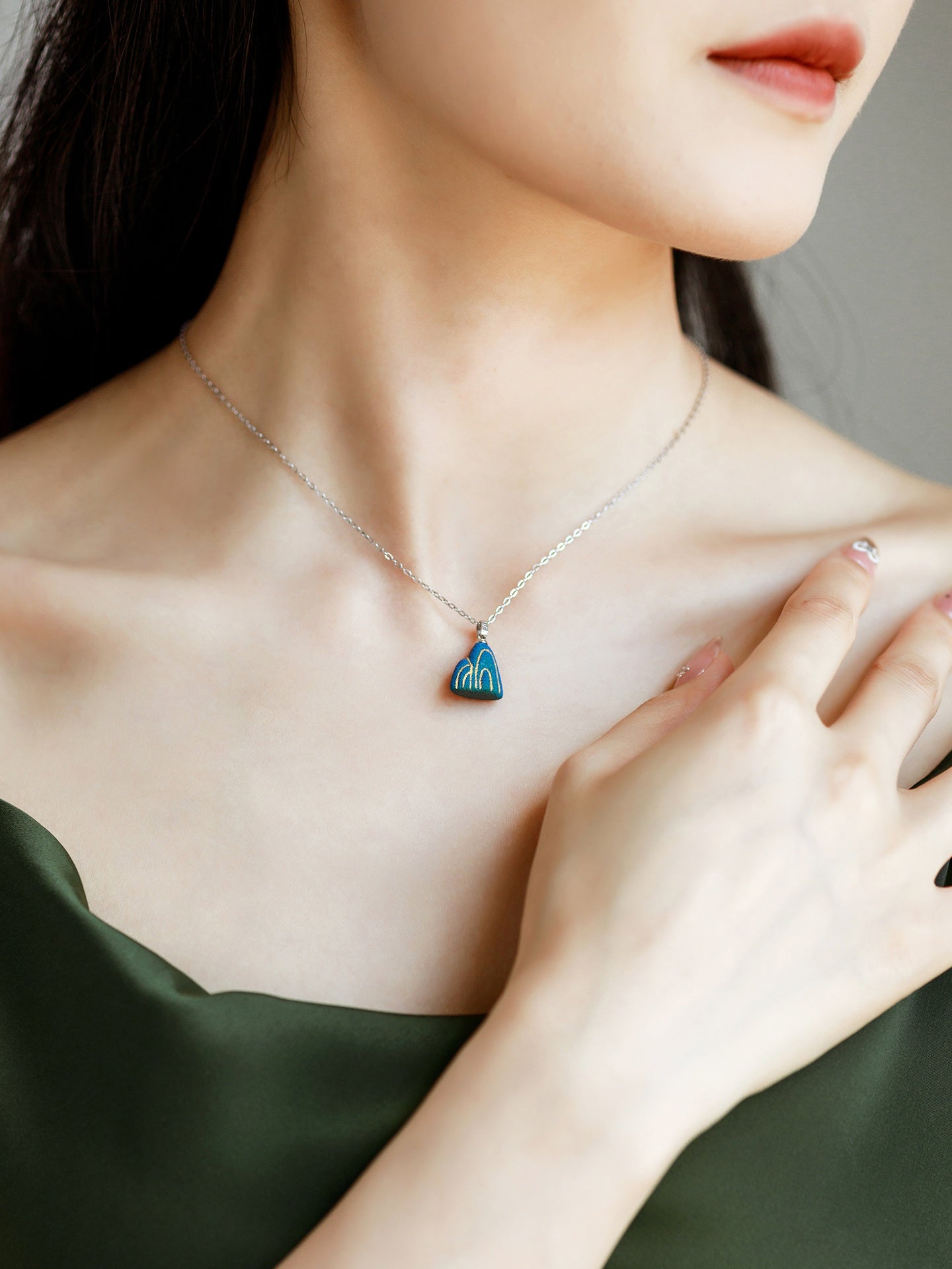 Customized Artisanal Ceramic Green Hills Necklace - 9th Anniversary 925 Silver Pendant