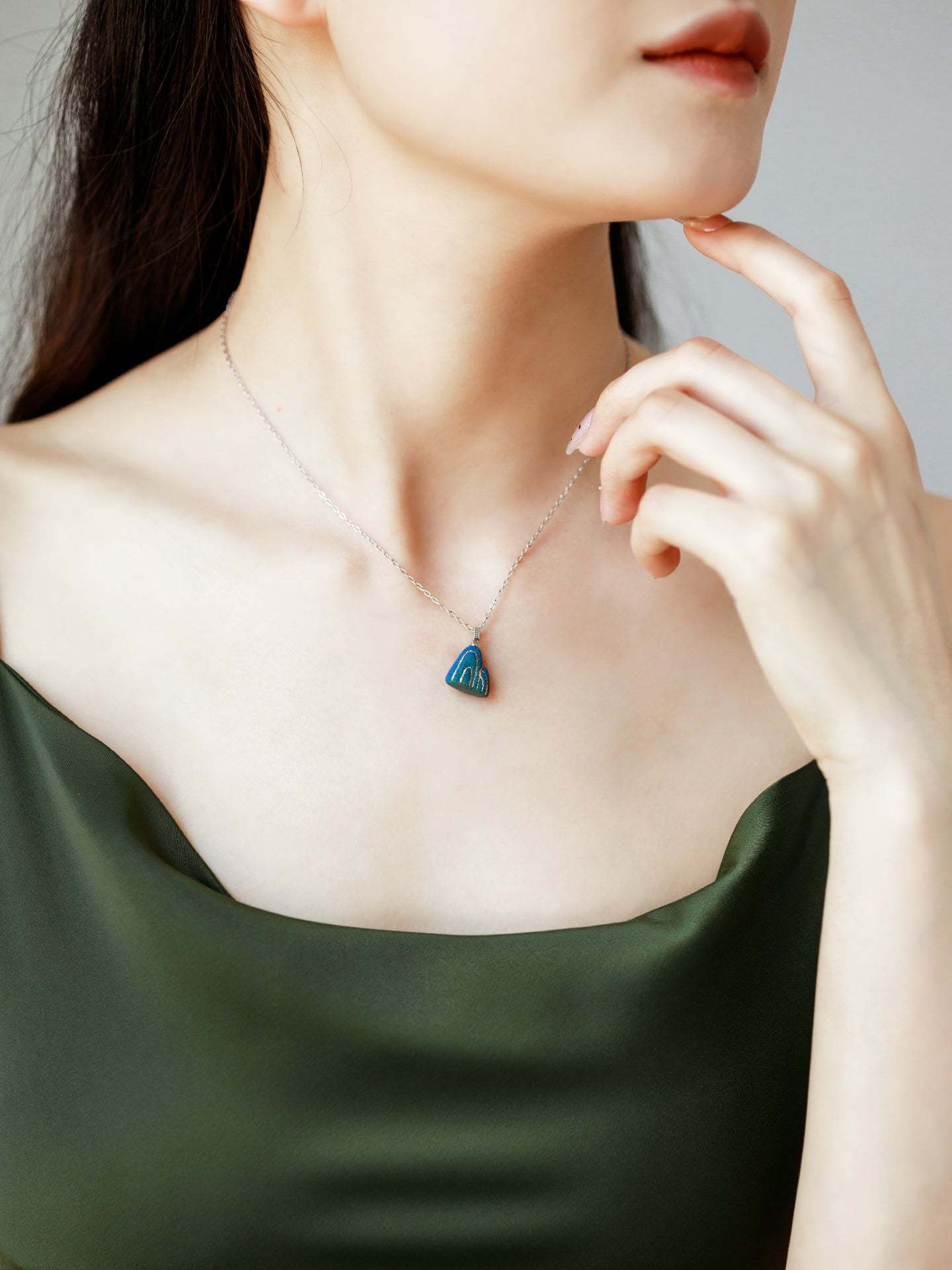 Customized Artisanal Ceramic Green Hills Necklace - 9th Anniversary 925 Silver Pendant