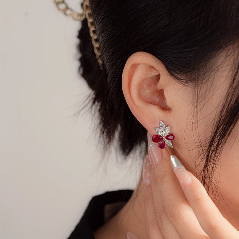 Ruby Flower Earrings S925 Silver Women's Style