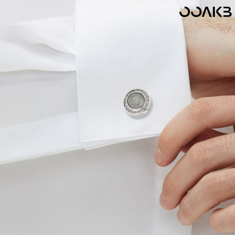 Customized 3rd Leather Wedding Cufflinks - White Gold Plated Crystal Engraved