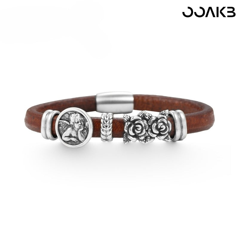 Customized Vintage Leather Bracelet - 3rd Wedding Anniversary Black Agate 925 Silver
