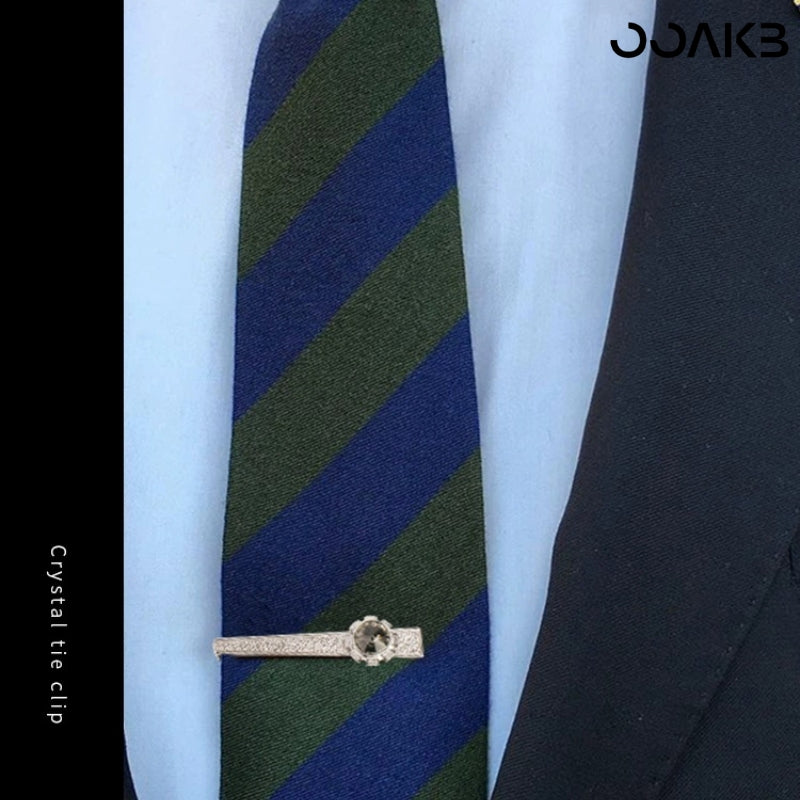 Customized 3rd Leather Wedding Tie Clip - Rose Gold Crystal Engraved