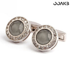 Customized 3rd Leather Wedding Cufflinks - White Gold Plated Crystal Engraved