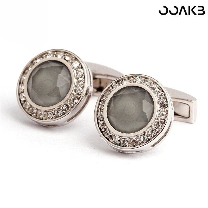 Customized 3rd Leather Wedding Cufflinks - White Gold Plated Crystal Engraved