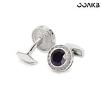 Customized 3rd Leather Wedding Cufflinks - White Gold Plated Crystal Engraved