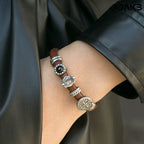 Customized Vintage Leather Bracelet - 3rd Wedding Anniversary Black Agate 925 Silver