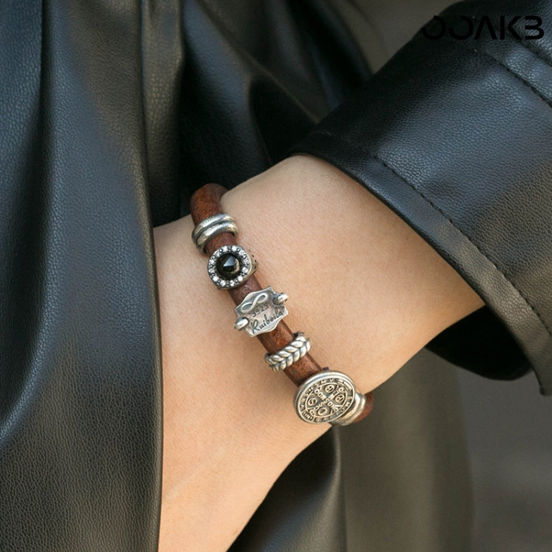 Customized Vintage Leather Bracelet - 3rd Wedding Anniversary Black Agate 925 Silver
