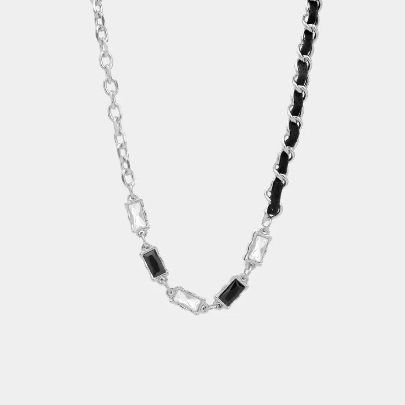 Leather Wedding Necklace - Gemstone Inlaid Leather Cord Titanium Steel - OOAKB