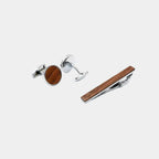 Black Walnut Cufflinks & Tie Clip Set, close-up showing material texture and craftsmanship
