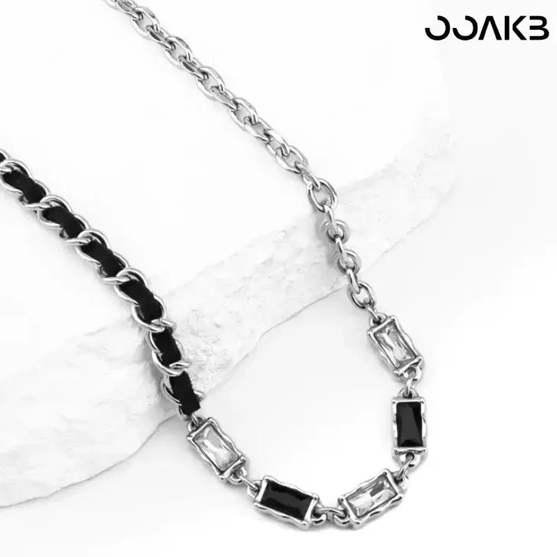 Leather Wedding Necklace - Gemstone Inlaid Leather Cord Titanium Steel - OOAKB