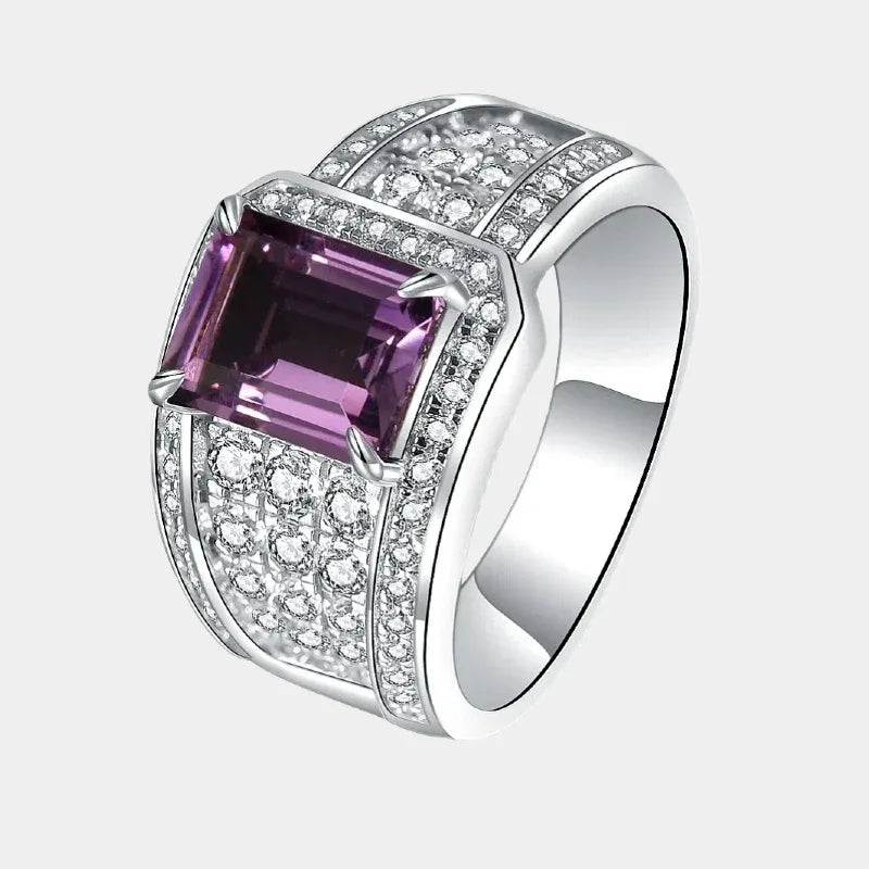 men's emerald-cut amethyst pavé ring front product view on a white background