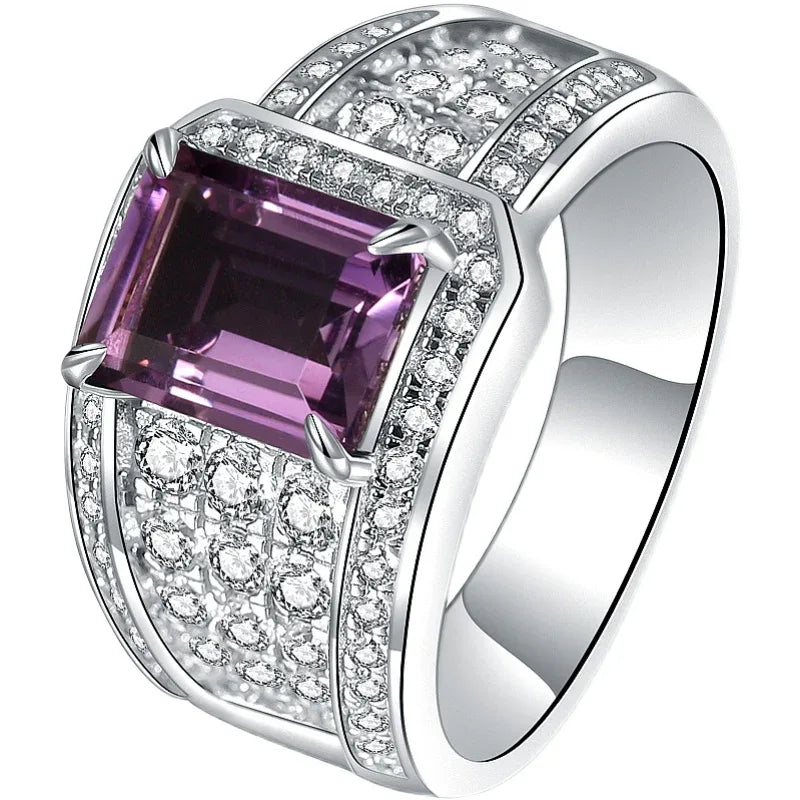men's emerald-cut amethyst pavé ring front setting detail on a dark background