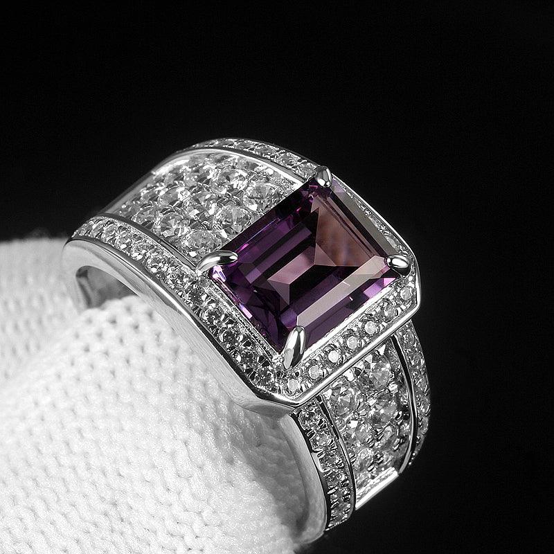 men's emerald-cut amethyst pavé ring side profile showing the band and setting