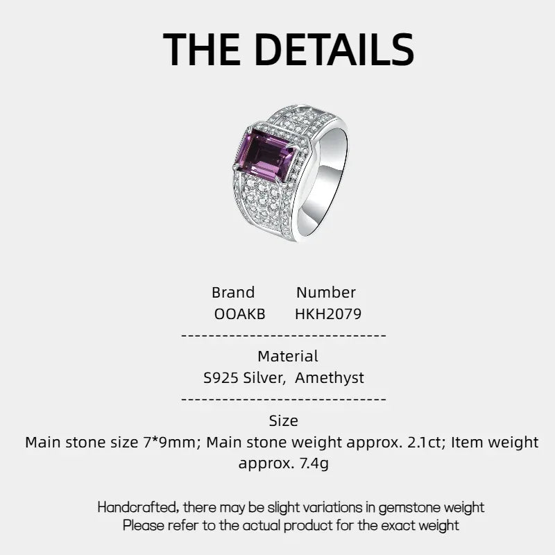 men's emerald-cut amethyst pavé ring specification card with product measurements
