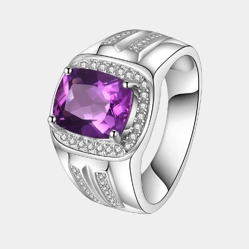 men's cushion-cut amethyst halo ring front product view on a white background