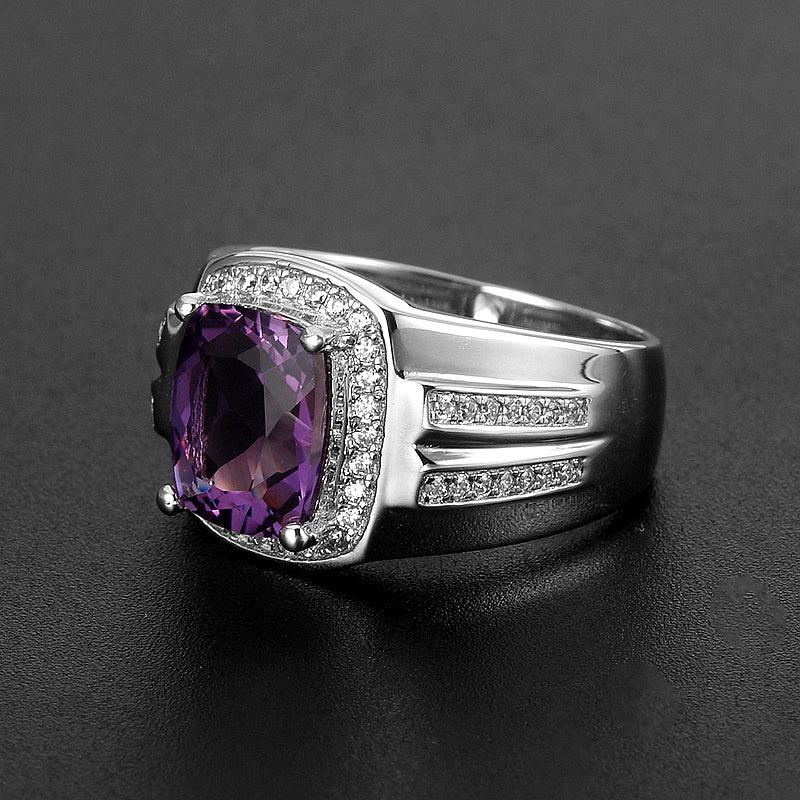 men's cushion-cut amethyst halo ring low-angle product view on a dark background