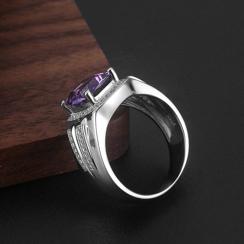 men's cushion-cut amethyst halo ring side profile showing the band and setting