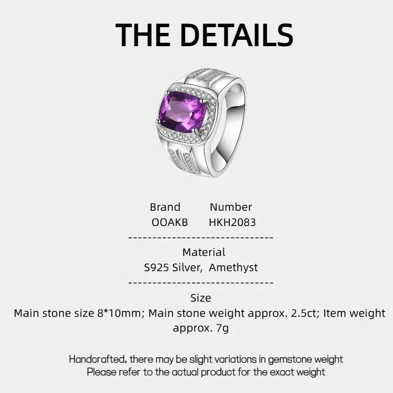 men's cushion-cut amethyst halo ring specification card with product measurements