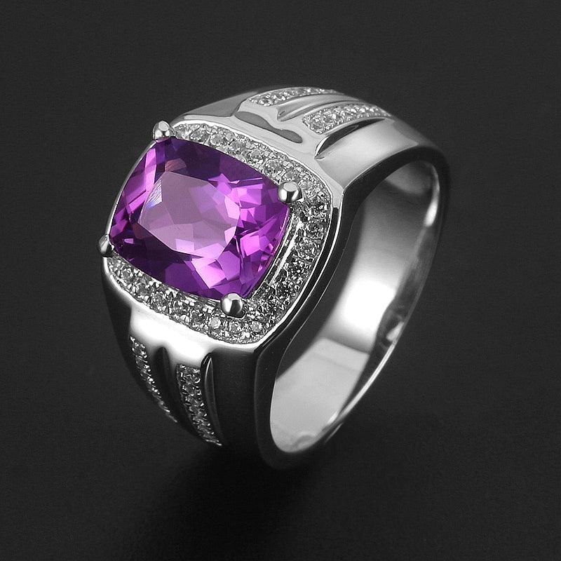 men's cushion-cut amethyst halo ring three-quarter product view on a dark background