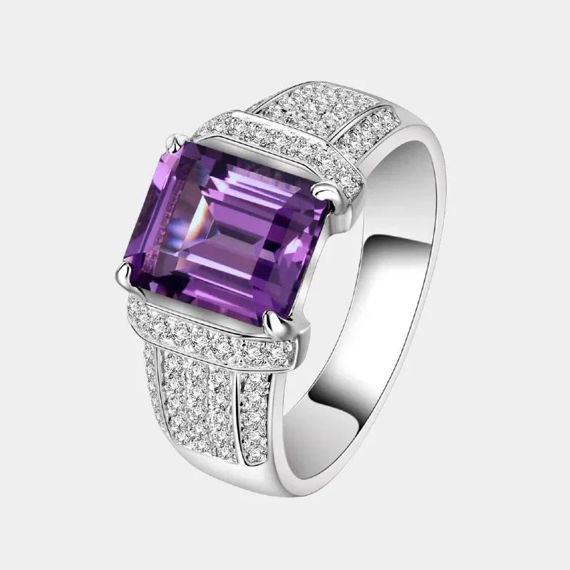 men's emerald-cut amethyst pavé ring front product view on a white background